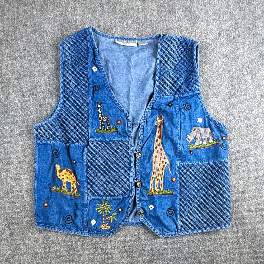 Vintage Dress Barn Safari Embroidered Denim Vest Plus 2X - MISSING BUTTON